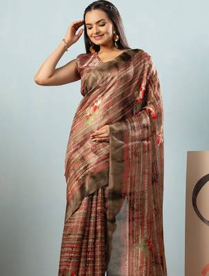 Olive printed satin fashion saree with blouse piece 5