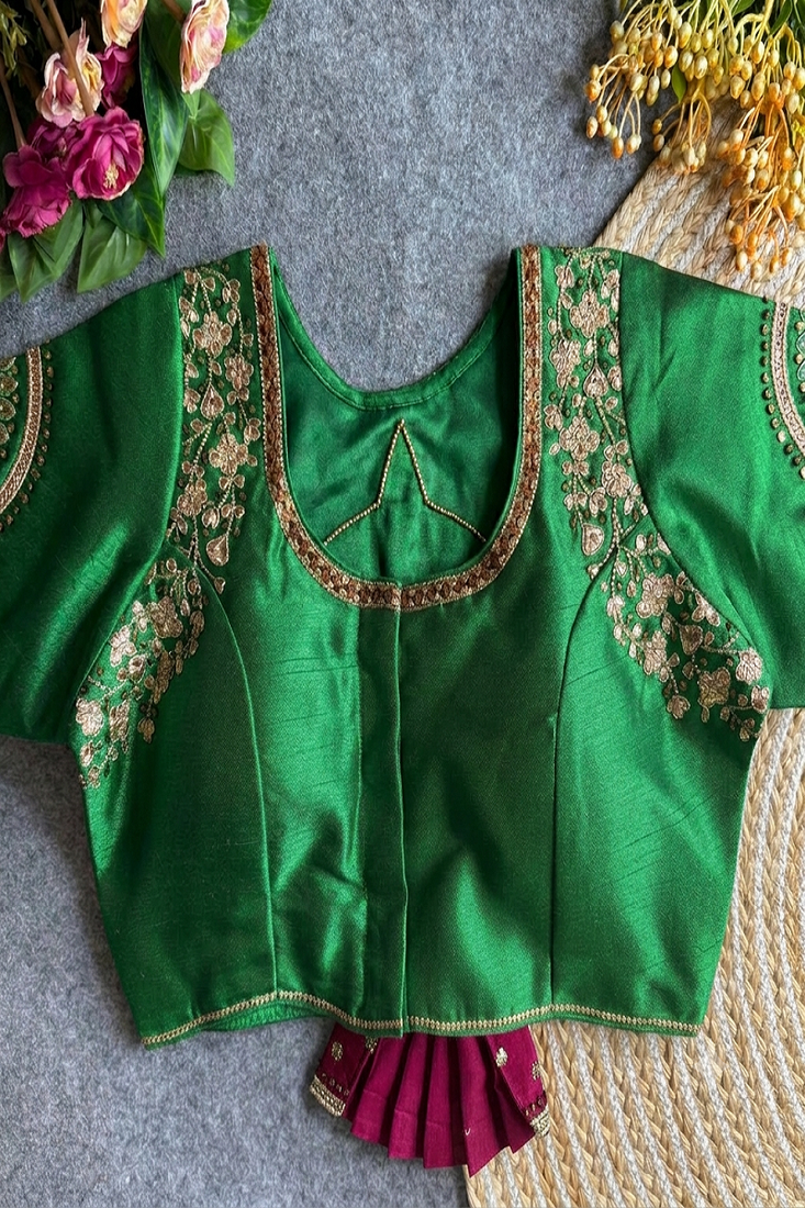 Green bridal designer readymade blouse for women | zari embroidered silk blouse with designer back neck