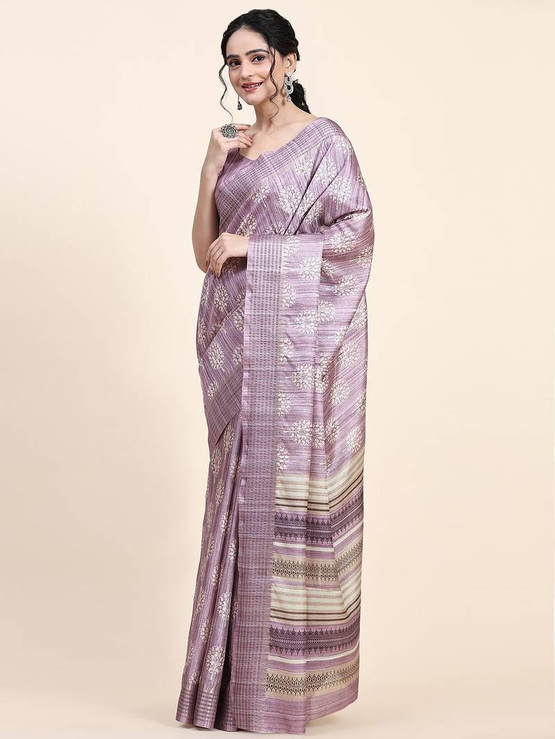 Purple printed silk blend ethnic saree with blouse piece