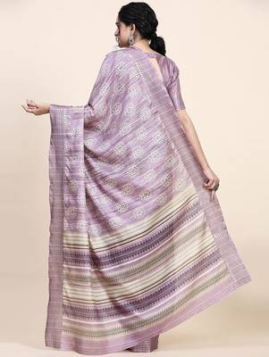 Purple printed silk blend ethnic saree with blouse piece 2