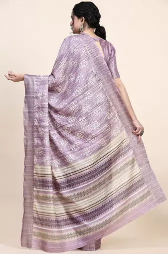 Purple printed silk blend ethnic saree with blouse piece