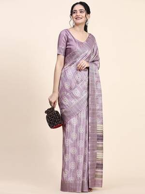 Purple printed silk blend ethnic saree with blouse piece 3