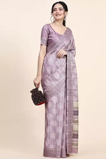 Purple printed silk blend ethnic saree with blouse piece