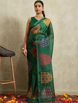Green printed tissue festive wear saree with blouse piece 1