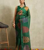 Green printed tissue festive wear saree with blouse piece