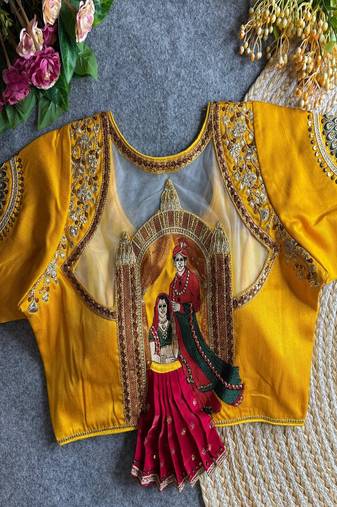 Mustard yellow bridal designer readymade blouse for women | royal couple embroidery back blouse