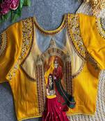 Mustard yellow bridal designer readymade blouse for women | royal couple embroidery back blouse
