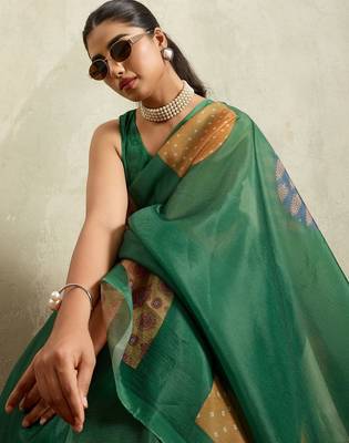 Green printed tissue festive wear saree with blouse piece 2