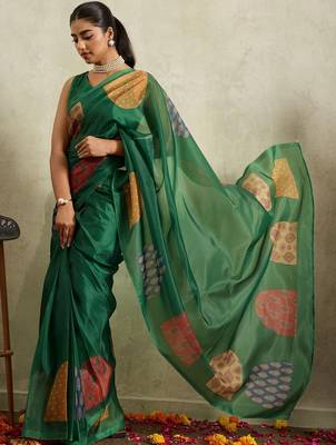 Green printed tissue festive wear saree with blouse piece 3