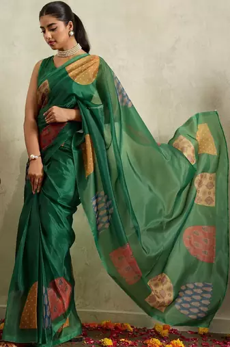 Green printed tissue festive wear saree with blouse piece
