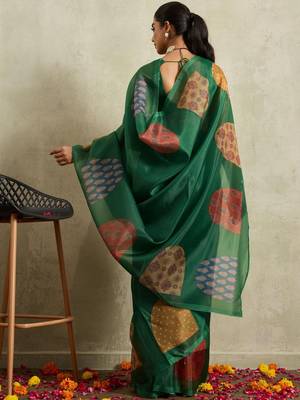 Green printed tissue festive wear saree with blouse piece 4