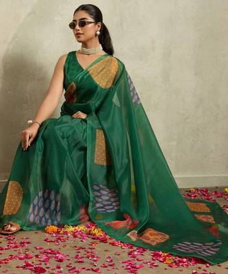 Green printed tissue festive wear saree with blouse piece 5