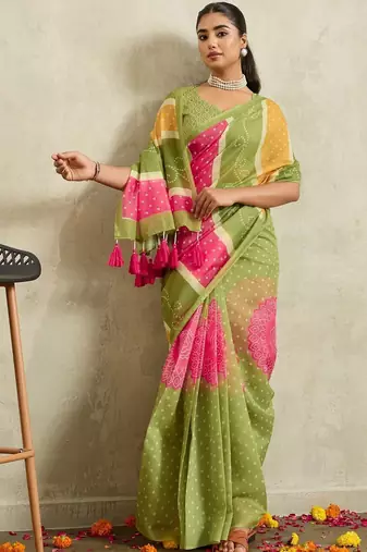 Green printed blended cotton designer saree with blouse piece