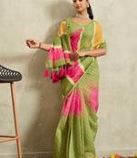Green printed blended cotton designer saree with blouse piece