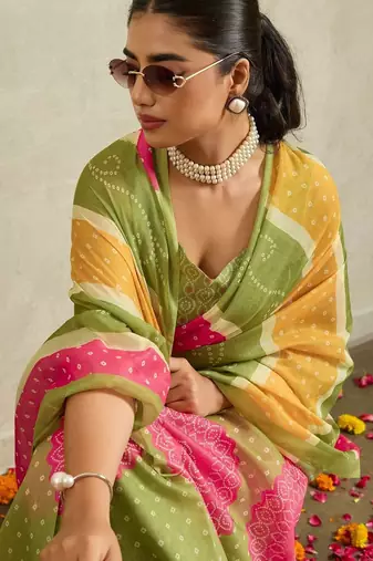 Green printed blended cotton designer saree with blouse piece