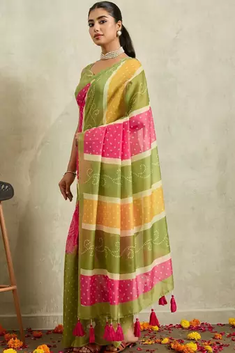 Green printed blended cotton designer saree with blouse piece