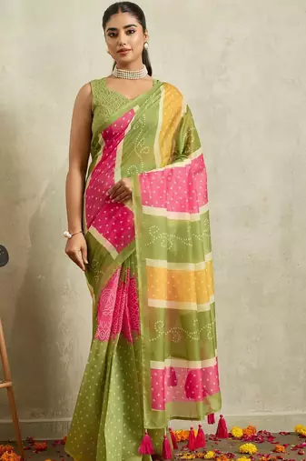 Green printed blended cotton designer saree with blouse piece