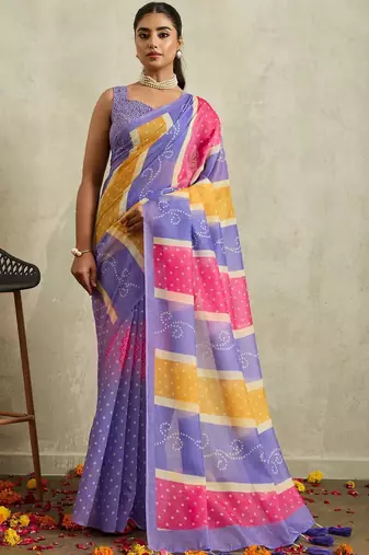 Purple printed blended cotton designer saree with blouse piece