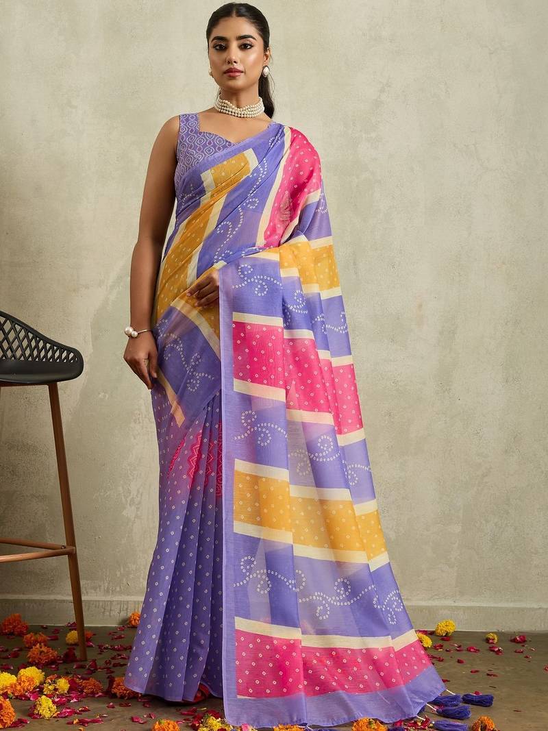 Purple printed blended cotton designer saree with blouse piece