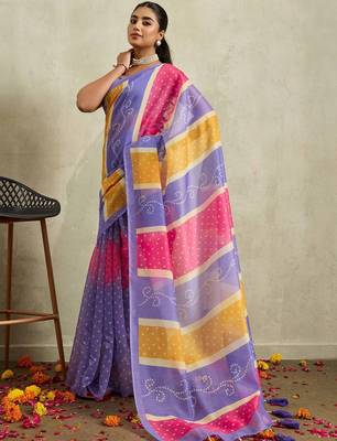 Purple printed blended cotton designer saree with blouse piece 2