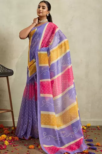 Purple printed blended cotton designer saree with blouse piece