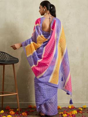 Purple printed blended cotton designer saree with blouse piece 3