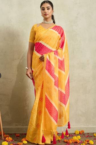 Yellow printed blended cotton designer saree with blouse piece