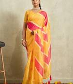 Yellow printed blended cotton designer saree with blouse piece