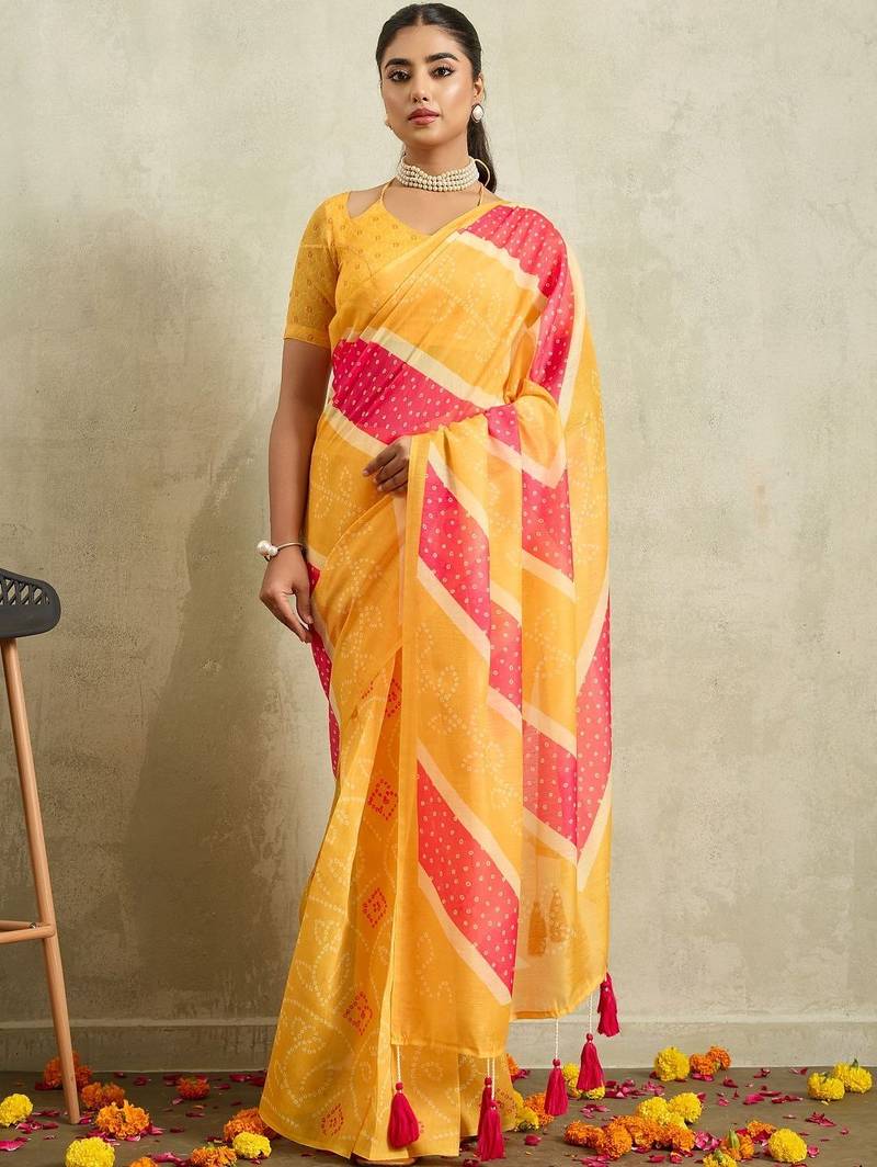 Yellow printed blended cotton designer saree with blouse piece