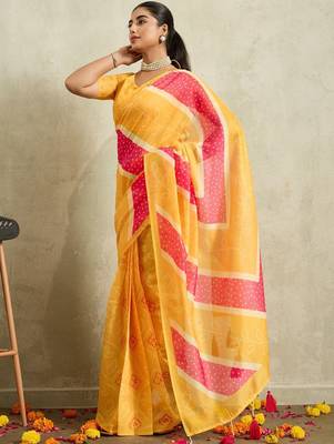 Yellow printed blended cotton designer saree with blouse piece 2