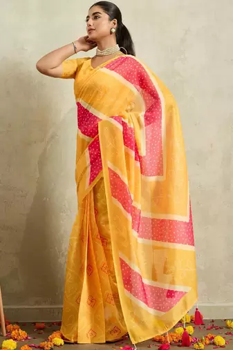 Yellow printed blended cotton designer saree with blouse piece