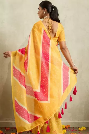 Yellow printed blended cotton designer saree with blouse piece