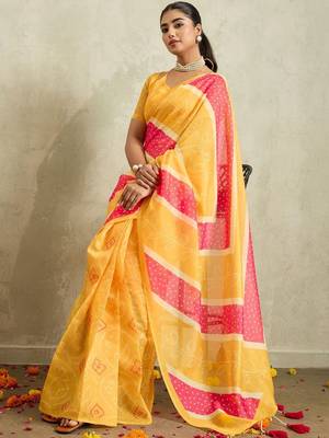 Yellow printed blended cotton designer saree with blouse piece 4