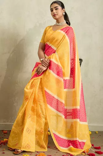 Yellow printed blended cotton designer saree with blouse piece
