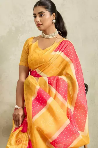 Yellow printed blended cotton designer saree with blouse piece