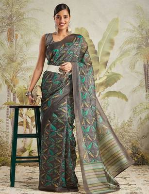 Olive printed blended cotton designer saree with blouse piece 1