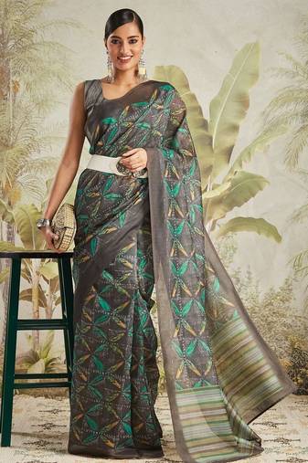 Olive printed blended cotton designer saree with blouse piece