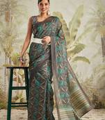 Olive printed blended cotton designer saree with blouse piece