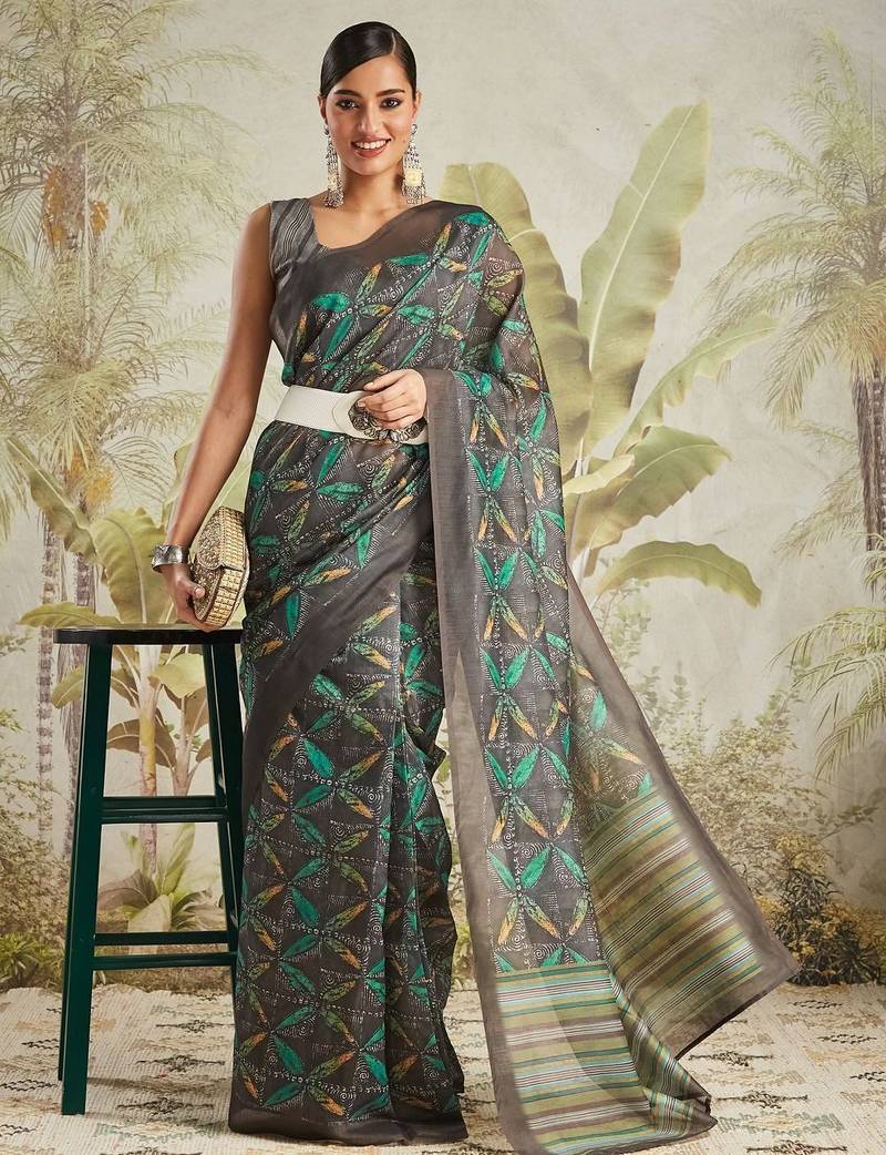 Olive printed blended cotton designer saree with blouse piece