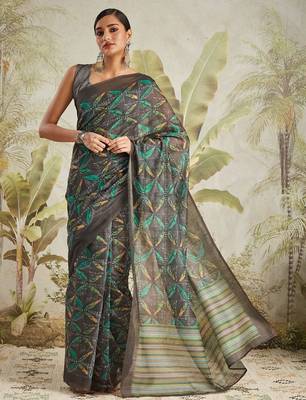 Olive printed blended cotton designer saree with blouse piece 2