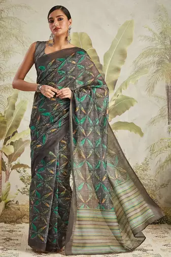 Olive printed blended cotton designer saree with blouse piece
