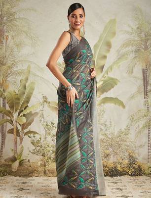 Olive printed blended cotton designer saree with blouse piece 3