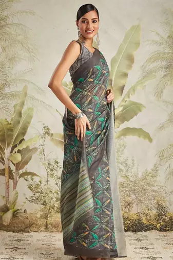 Olive printed blended cotton designer saree with blouse piece