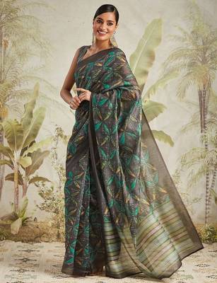 Olive printed blended cotton designer saree with blouse piece 4