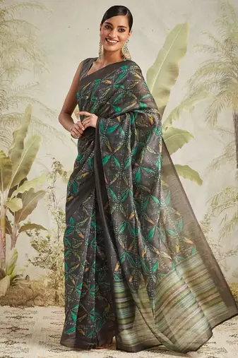 Olive printed blended cotton designer saree with blouse piece