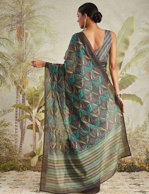 Olive printed blended cotton designer saree with blouse piece 5