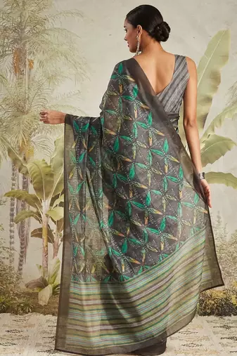 Olive printed blended cotton designer saree with blouse piece