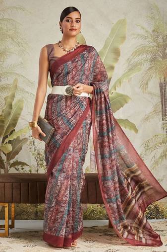 Maroon printed blended cotton designer saree with blouse piece