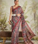 Maroon printed blended cotton designer saree with blouse piece