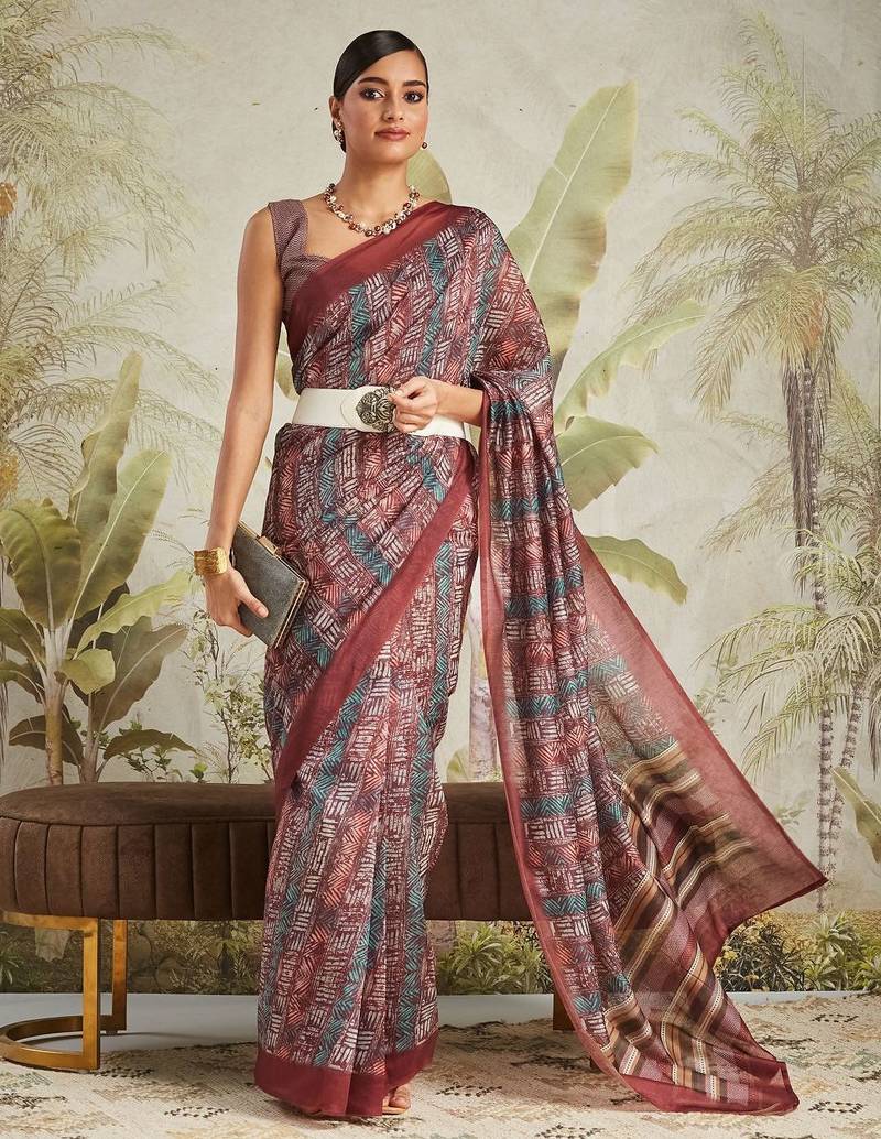 Maroon printed blended cotton designer saree with blouse piece